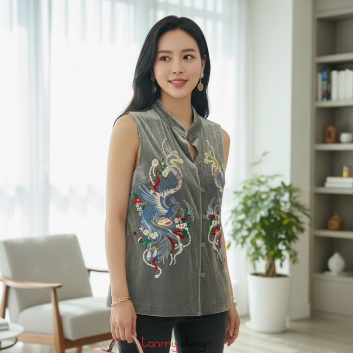 GILE thêu Phượng Lót xanh/ Nhung Ghi